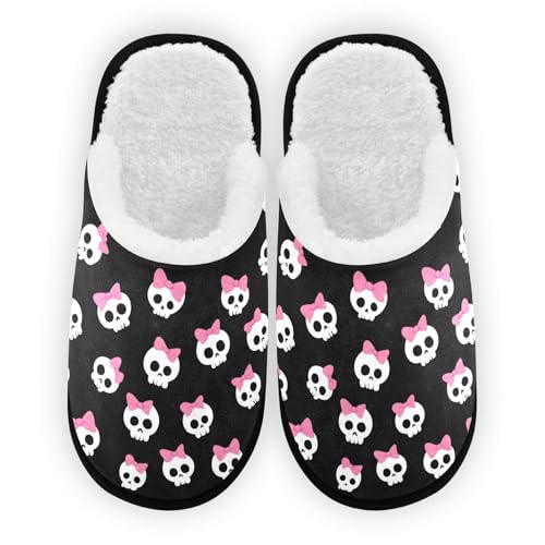 Cartoon White Skull Bow Slippers For Women Men Soft Memory Foam Non-Slip Halloween Winter Indoor House Shoes Travel Slipper
