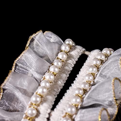 SHAYUAN 3 Yards Lace Edge Ruffle Trim Ribbon Pleated 1.5 Inch Wide White Organza Fabric with Gold Edging Trimmings Applique Pearl Beads for Sewing Craft Doll Pet Clothes Dress Decoration