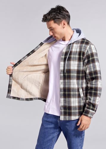 Image of Men's Cotton Plaid Shirt Jacket Fleece Flannel Sherpa Button Down