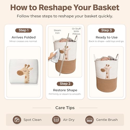 Image of Giraffe Baby Laundry Basket, Tall Woven Rope Nursery Hamper, 20x15 in | Baby Clothes Hamper, Blanket Basket, Toy Storage, Soft Felt Animal Patch, Safari Nursery Decor, Shower Gift, Kids Room