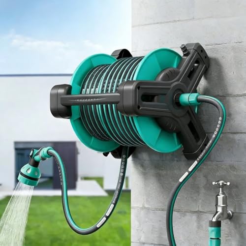Echozone Retractable Hose Reel 30M/100FT Wall Mounted/Portable Garden Hose Reel with High Pressure Water Gun Spray Nozzle Heavy Duty for Garden Watering Car Washing Lawn Care (Blue)