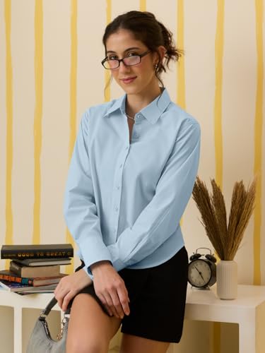 Image of The Souled Store Classic Solids: Baby Blue Women and Girls Full Length Collared Light Blue Solid 100% Cotton Regular Fit Breathable Lightweight Comfortable All-Season Everyday Shirt