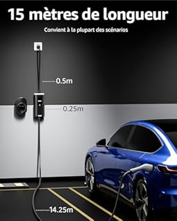 bokman Chargeur Voiture Electrique, (16A, 3.68kW, 15m) Type 2 EVSE Portable Recharge Voiture Electrique Compatible avec Model 3, Model Y, EX30, XC60, Q4, MG4, 208EV et PHEVs