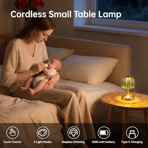 Image of Shenmoyl Set of 2 Tulip Table Lamp with 5200mAh Battery & Touch Control, Cordless Small Table Lamp with 3 Colors, Rechargeable Battery Operated Table Lamps for Nightstand, Bedroom (Green Tulip)