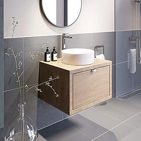 Bathroom Furniture Vanity Unit Basin Sink Wall Hung Mounted Soft Close Drawers Storage Cabinet Ceramic Basin Oak Wood 600mm Cover