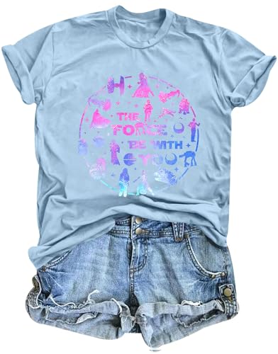 Image of FRYAID Women May The Power Be with You Graphic T Shirt Short Sleeve Casual Tops Summer Fun Vacation Shirt Soft Casual Fit