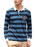Mens Vintage Stripe Polo Shirt Long Sleeve Striped Polo Shirt with Rose Blue Medium