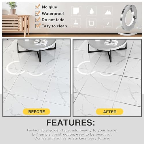 Image of Tile Self-Adhesive Decorative Tape - Plastic, Golden Silver Wall and Floor Sealing Trim, Waterproof Gap Cover for Home Decor, Ceiling Borders, and Floor Edging, Easy to Apply (silver)