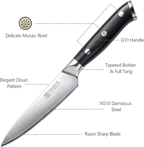 Image of PAUDIN Utility Knife, Damascus Kitchen Knives, 67-Layer Forged Blade, Ultra Sharp Petty Knife, Full Tang G10 Handle with Triple Rivets, 5'' Paring Knives for Cutting Fruit and Vegetables