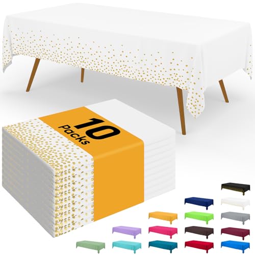 Image of Smiry Disposable Table Cloth - 10 Pack, 54 x 108 Inch Waterproof Rectangle Tablecloths for New Years, Decorative Plastic Table Cover, Leakproof & Sturdy, White & Gold
