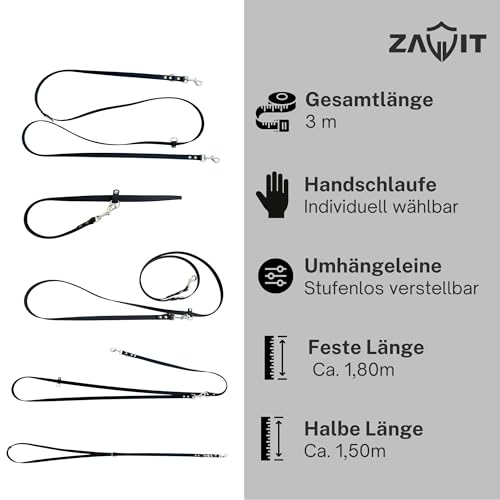 ZAVVIT BioThane Hundeleine, Umhängeleine 3m - 19mm breit | Verstellbar 1,5–3m | für mittelgroße & große Hunde | wasserfest, robust & pflegeleicht | Joggingleine mit 2 Karabinern (schwarz)