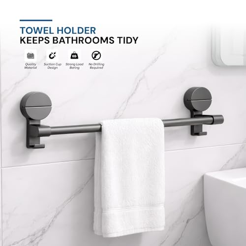 Image of MIORAH Suction Towel Holder for Bathroom - Rust - Free Powder Coated Wall Mounted Towel Rack No Drill Towel Rack Modern Bathroom Accessories Organizer Grey