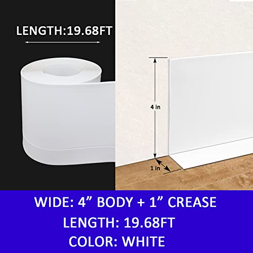 Vinyl Baseboard Molding Vinyl Wall Base Trim 4 Inch Flexible Rubber Baseboards With A Crease Design For Covering The Corner Crevices, Totally 5 Inch Wide, 19.68' Long, White #TOP1