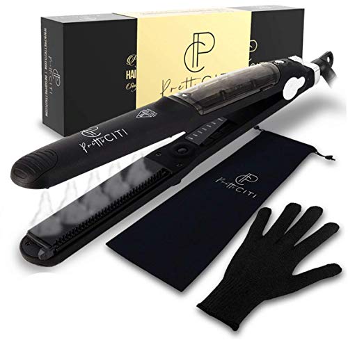 Flat Iron Curling Iron in One by Pretti Citi | 2 in 1 Hair Curler and Straightener with Steam Tech, Tourmaline Plates and Adjustable Temp | Steam Straightener