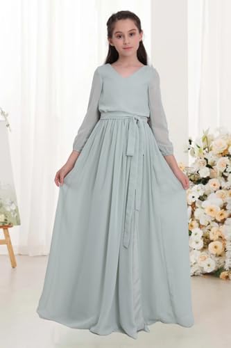Long Sleeves Juniors Bridesmaid Dresses Chiffon Flower Girl Dresses V Neck Junior Wedding Party Dress UJR0012