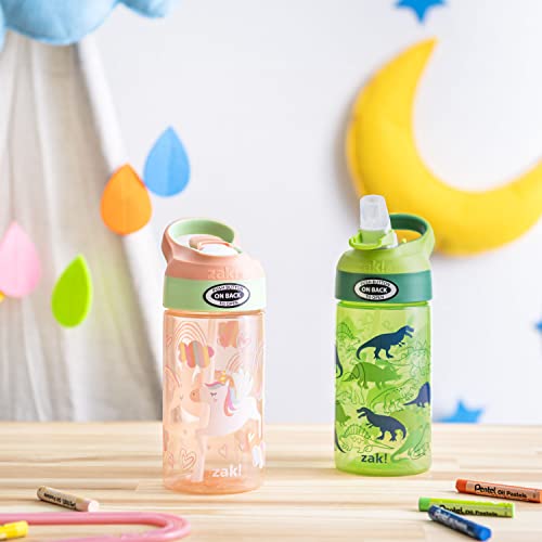 Image of Zak Designs 16oz Riverside Kids Water Bottle with Spout Cover and Built-in Carrying Loop, Made of Durable Plastic, Leak-Proof Water Bottle Design for Travel (Unicorn & Dino Camo, Pack of 2)