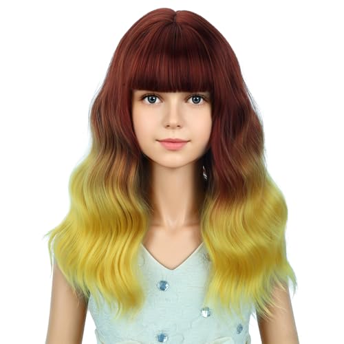 Image of PATTNIUM Flame Short Curly Wig with Bangs Girls Fire Colored Wigs Orange Wavy Shoulder Length Wavy Heat Resistant Synthetic Wig