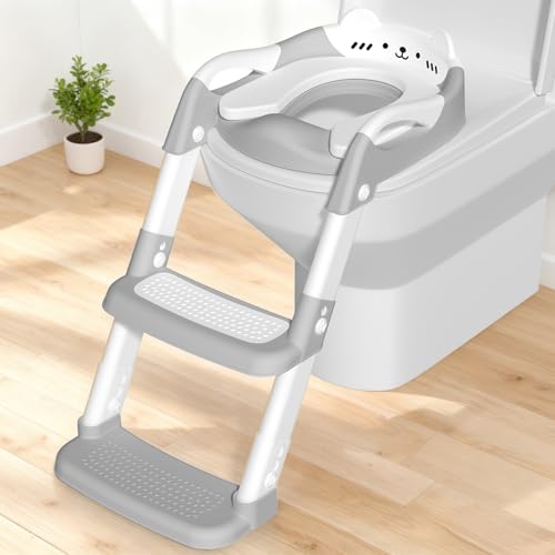 Potty Training Toilet Seat Toddler Toilet Seat with Step Kids Toilets Steps for Toddlers Child Baby Boy Girl Anti Splash Soft Cushion Handle Adjustable Potty Training with Ladder in Bathroom, Grey