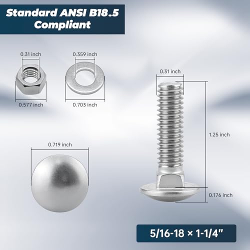 Image of 5 /16-18 x 1-1 /4 Inch Carriage Bolt Kit, 304 Stainless Steel (18-8) with Hex Nuts & Flat Washers - 10 Sets, Round Head Square Neck, Full Thread Coverage by Glvaner
