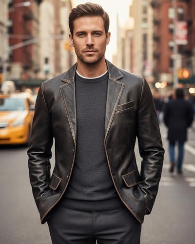 Image of Leather Blazer Men - Casual 2 Button Coat Style Real Lambskin Mens Leather Jacket