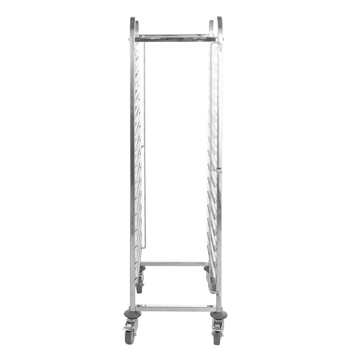GastroHero Carrello per scaffali, carrello per vassoio, binari semplici, in acciaio inox LR-15MEN | Adatto per 15 x EN 40 x 60 cm, 15 ripiani da 30 kg ciascuno, capacità totale fino a 300 kg, 4 ruote, di cui 2 con freni