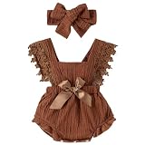 Kunyeah Kanten rompertje voor baby's, pasgeborenen, ruches, mouwloze bodysuit met hoofdband, kleine kinderen, zomerkleding, bruin, 3-6 Maanden