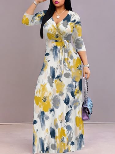Image of PinkPatty Plus Size Maxi Dress for Women Casual V Neck 3 /4 Sleeve Boho Printed Long Dress with Pockets
