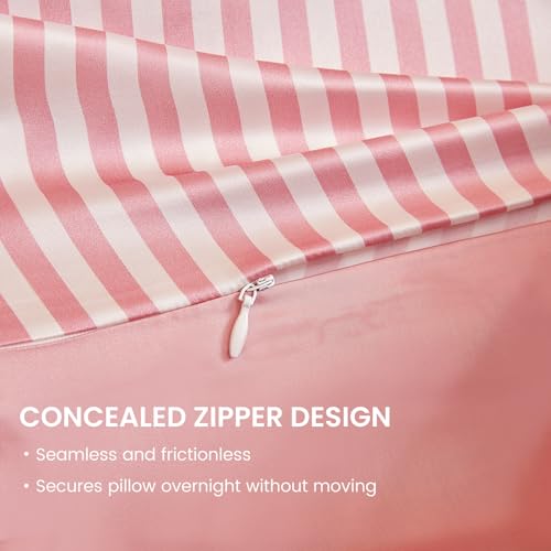 THXSILK Mulberry Silk Pillowcase for Hair and Skin Health, Grade 6A+ Mulberry Silk Pillowcase with Hidden Zipper, Soft and Breathable, 1pc (Standard 20"x26", Pink White Stripes)