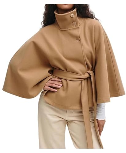 OPCAKM Women's Batwing Sleeve Poncho Coat Oversized Winter Pea Coat Stand Collar Cropped Cape Jacket with Belt(Khaki-S)