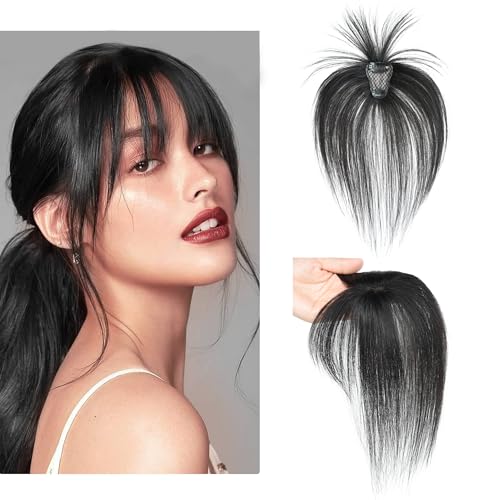 viviaBella Hair toppers, Clip in Bangs Real Human Hair with high cranial top for volume Light and airy French bangs for women for Daily Wear (Natural Black, 3D French Bangs 1.57