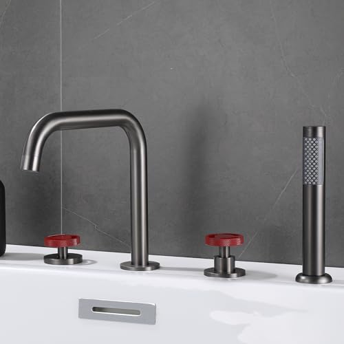 Mitigeur de douche 4 trous gris et rouge à poignée unique pivotante 360