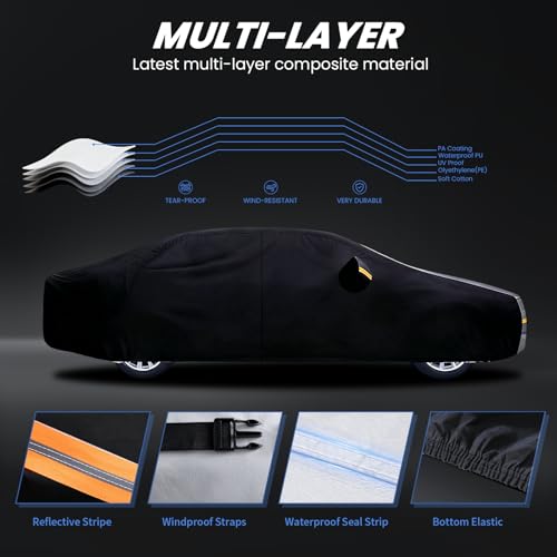 Image of Multi-Layer Car Cover Custom Fit for Ford Fusion(205-2026), 100% Waterproof All Weather for Automobiles, Gift with Towel, Heavy Duty Car Covers for Rain Sun UV Protection with Door Zipper