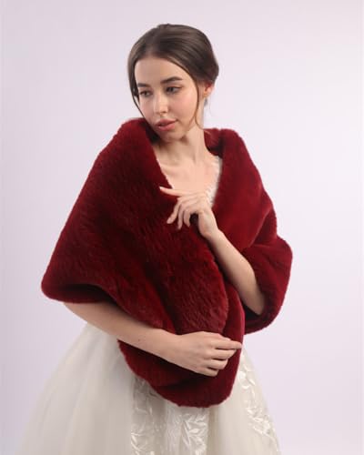 Aimimier Bridal Faux Fur Wrap Wedding Fur Stole with Brooch Evening Party Warm Shrug Cape for Women(Red)2