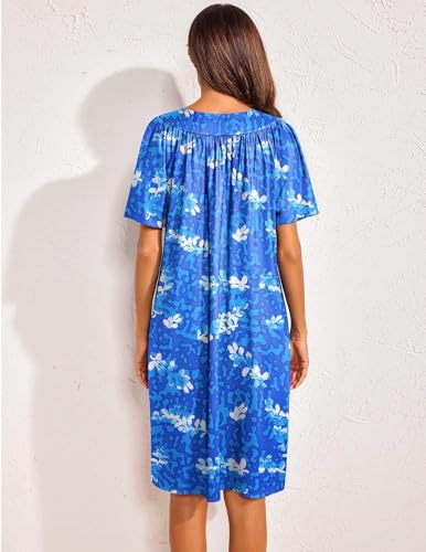 Image of Ekouaer Womens House Dress Floral Print Nightgown with Pockets Mumu Dress | V Neck Nightgowns for Women Pleated Short Sleeves Mumu Dresses Knee Length Moo Moo for Sleep, Daily Wear, Vacation, Party