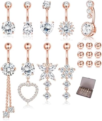 9/10PCS Surgical Stainless Steel Hypoallergenic Belly Button Rings with Extra Replacement Balls, Trendy Dangle Belly Button Piercing Jewelry for Women, 14G - Silver/Gold/Rose Gold
