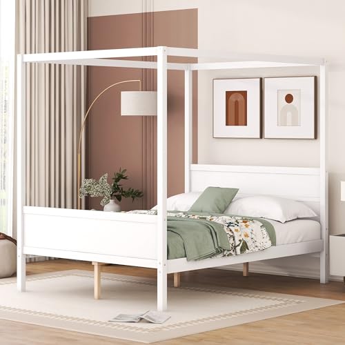 Harper & Bright Designs Queen Size Canopy Bed Frame, Wooden Queen Platform Bed with Headboard, Slat Support and Footboard, No Box Spring Needed (Queen, White)