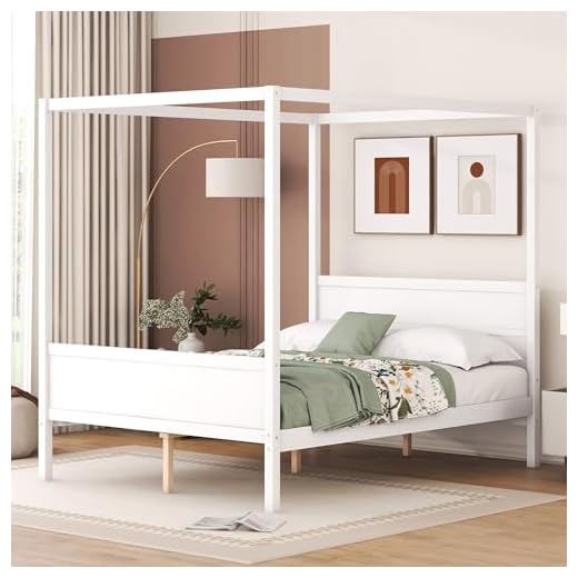 Harper & Bright Designs Queen Size Canopy Bed Frame, Wooden Queen Platform Bed with Headboard, Slat Support and Footboard, No Box Spring Needed (Queen, White)