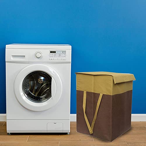 Image of Non Woven Printed Rectangular Foldable Laundry Bag | Lid And Handle Clothes Storage Organiser For Bedroom Dorm Closet Utility Container | 75L Laundry Basket | Beige Brown