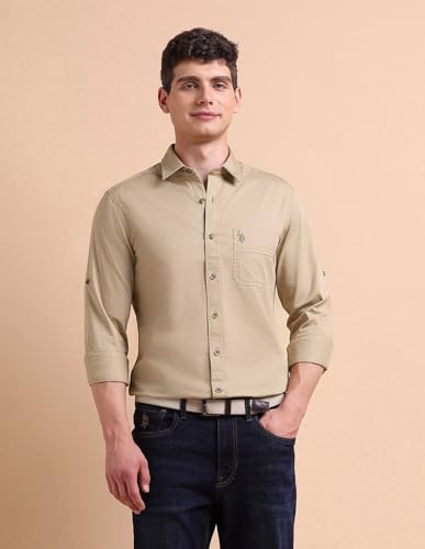 Image of U.S. Polo ASSN. Solid Regular Fit Cotton Shirts for Men - 100% Cotton, Full Sleeve Mens Casual Shirts