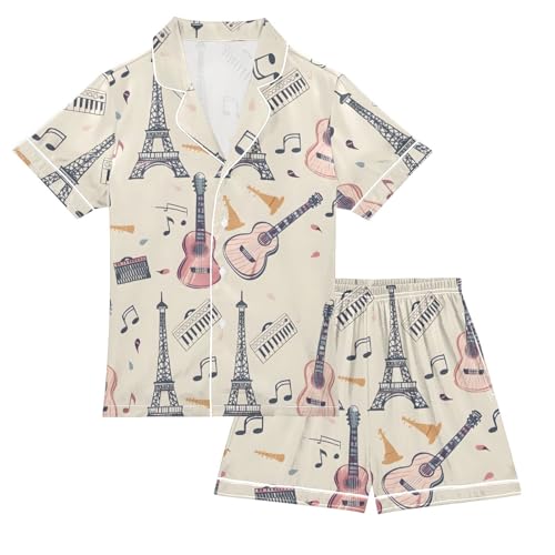 Paris Tower Guitar Music Pajamas Set Summer Button Down Sleepwear Pjs Sets Comfy Loungewear