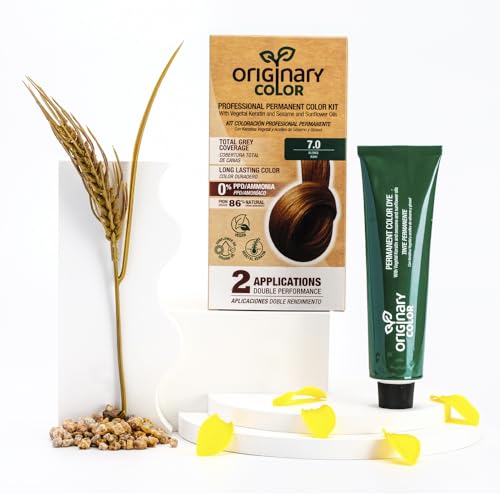 Originary Color - Kit de Coloración Profesional Permanente, Color 7-0 Rubio Medio 100 ml + Crema Oxidante 100 ml + Champú 30 ml | Fórmula sin amoniaco y sin PPD.