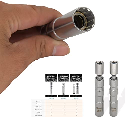 Wenbiao Swivel Spark Plug Socket Removal Tool 14Mm And 16Mm For 3/8 Inch Drive Magnetic Thin Wall 12-Point Universal Joint Wrench - 2 Pcs #TOP5