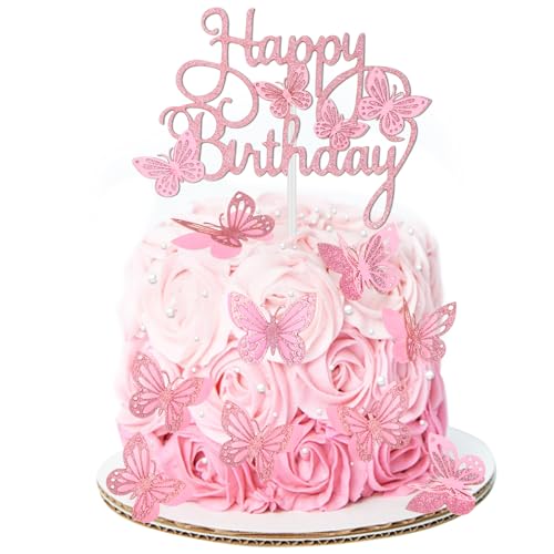 13 Stück Schmetterlings Tortendeko Cupcake Topper Rosa 3D Schmetterlings Tortendeko Damen Tortenaufleger Geburtstag Schmetterling Deko Geburtstagskuchen DIY für Geburtstagsparty Hochzeit Themenparty