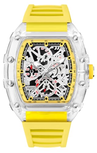 BESTKANG Fashion Hollowed Men Watches Transparent Tonneau Analog Display Quartz Date Waterproof Male Wrist Watch (Yellow)