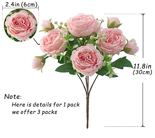 Karoro 3 Bunches Artificial Flower For Decoration Fake Flowers Silk Peony Faux Bouquet Plastic Arrangements For Home Bridal Wedding Party Festival Decor (Pink) #TOP5