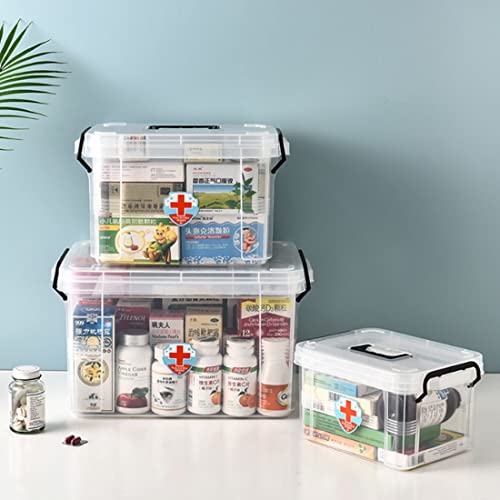 Image of Medicine Storage Organizer Family Plastic First Aid Box with Handle Clear Family Emergency Kit Medication Storage Organizer Box Bins 12.2x9x7.5inch Transparent