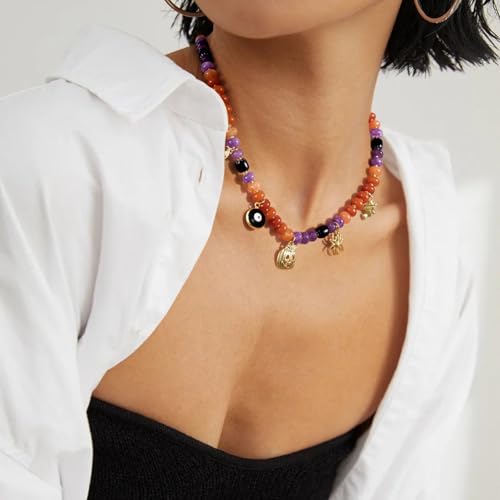 KissYan Halloween Beaded Charm Necklace, Natural Gemstone Choker with 14K Gold Plated Pumpkin Witch Pendant Party Costume Dress Up Jewelry for Women3