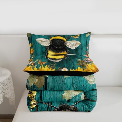 Image of Feelyou Sunflower Comforter Bee Floral Print Comforter Set for Kids Boys Girls Yellow Flowers Bedding Set Wooden Texture Duvet Set 1 Comforter Set with 2 Pillowcases King Size Boys