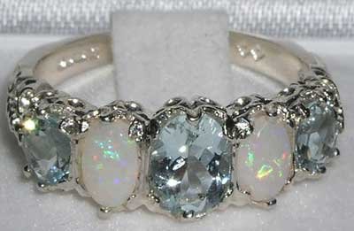 925 Sterling Silver Real Genuine Aquamarine and Opal Womens Band Ring4