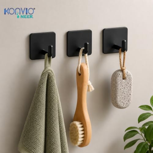Image of KONVIO NEER Self Adhesive Metal Wall Hooks - Pack of 4 Heavy Duty Square Wall Hooks Without Drilling | Black Waterproof & Rust-Resistant Hooks for Towels, Keys, Kitchen, Bathroom & Home Organization